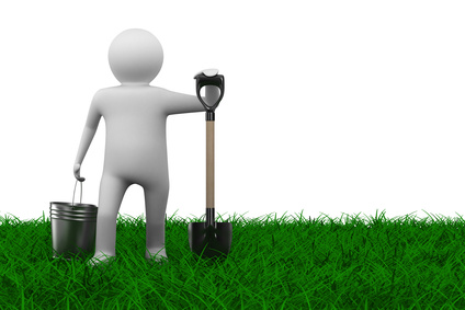Man with bucket and shovel on grass. Isolated 3D image